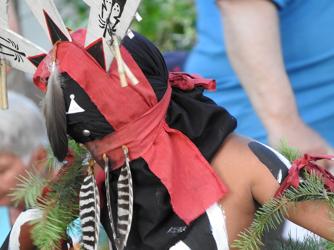 Person Wearing Traditional Native American Attire and Mask