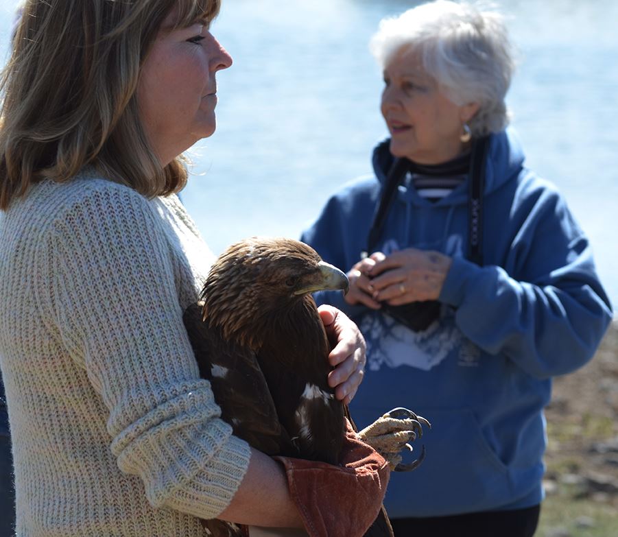 Woman Holding Brown Eagle, Other Woman Standing Beside